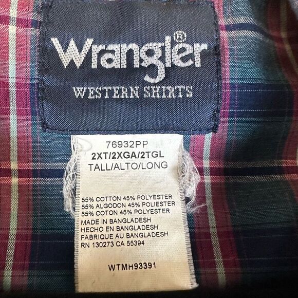 Wrangler Western Mens 2XT Pearl Snap Front Shirt Blue Red Plaid Short Sleeve - Picture 2 of 7